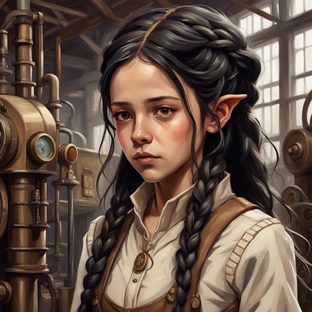 High Elf in Steampunk Factory, Digital Oil Painting