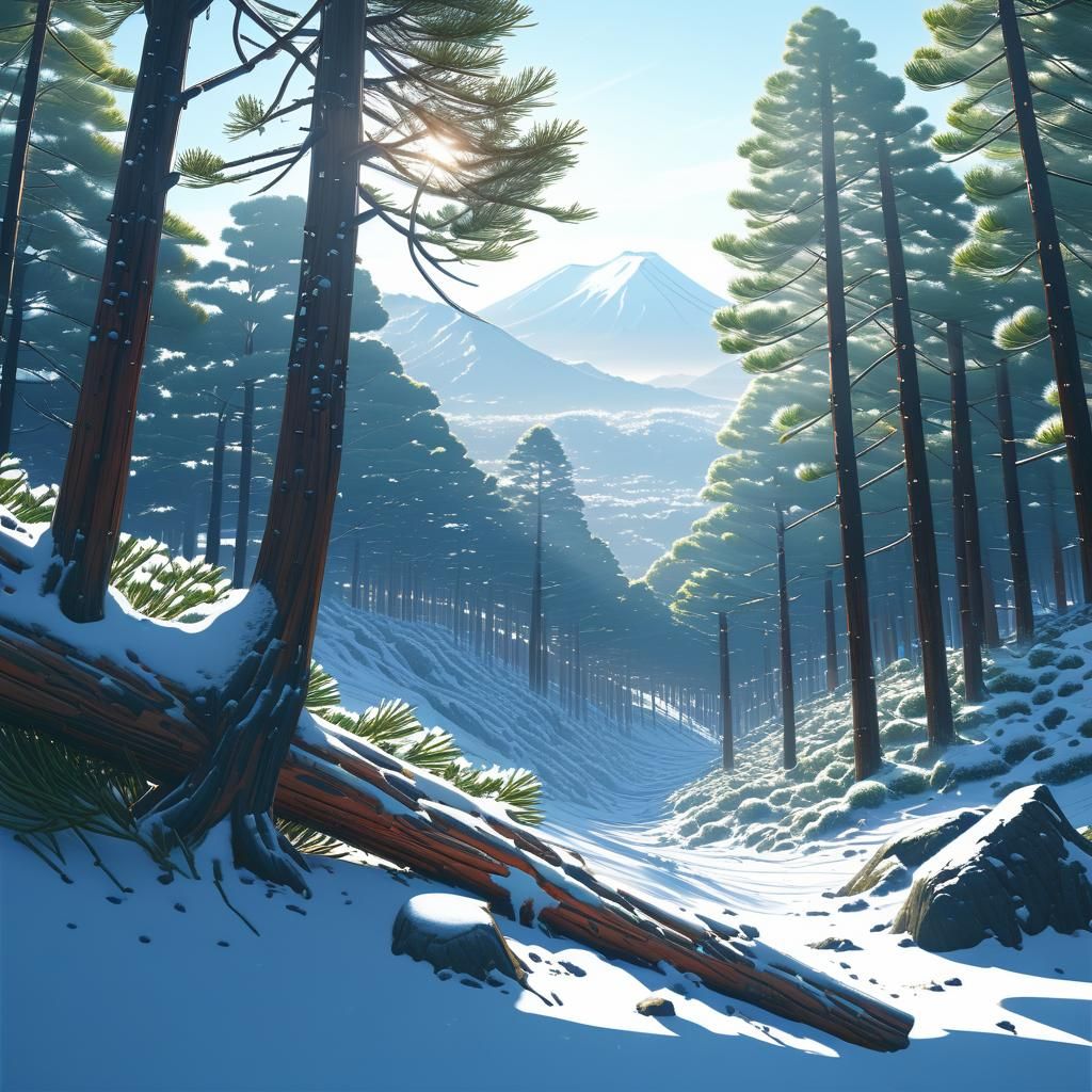 Shimaenaga in Snowy Pines: Cinematic Digital Painting