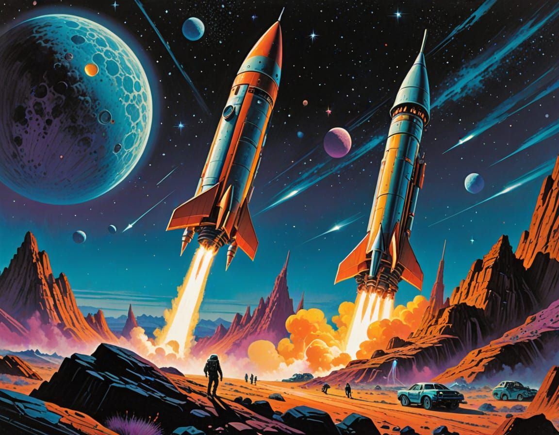 Retro-Futuristic Rocket Ship Lands on Alien Planet in Vibran...