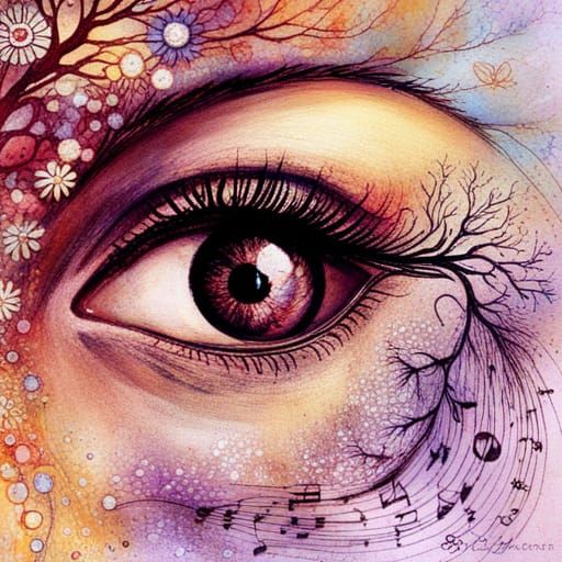 Eye with Musical Eyelashes in Gouache Style