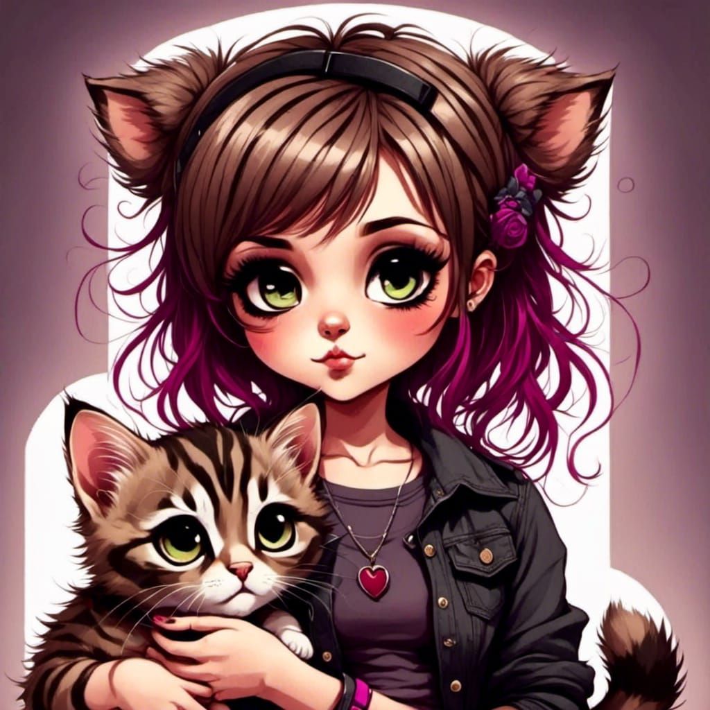 Chibi Emo Girl with Tabby Cat