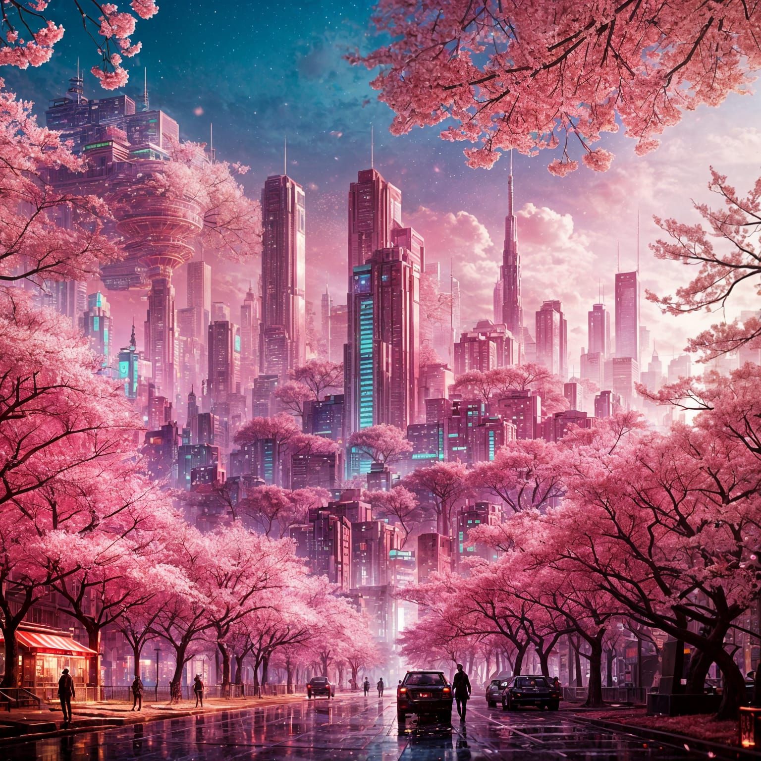 Pink Metropolis in Sakura Forest: Art Deco Cityscape