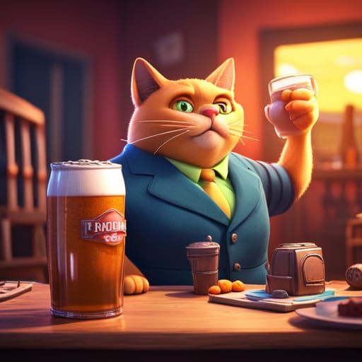 Old Cat Enjoying Beer: 3D Digital Art