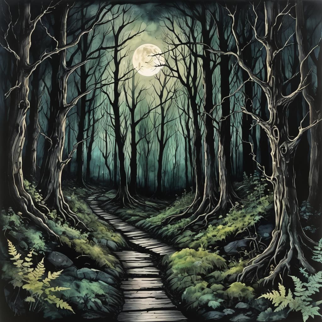 Eerie Dark Forest Path in Black Alcohol Ink