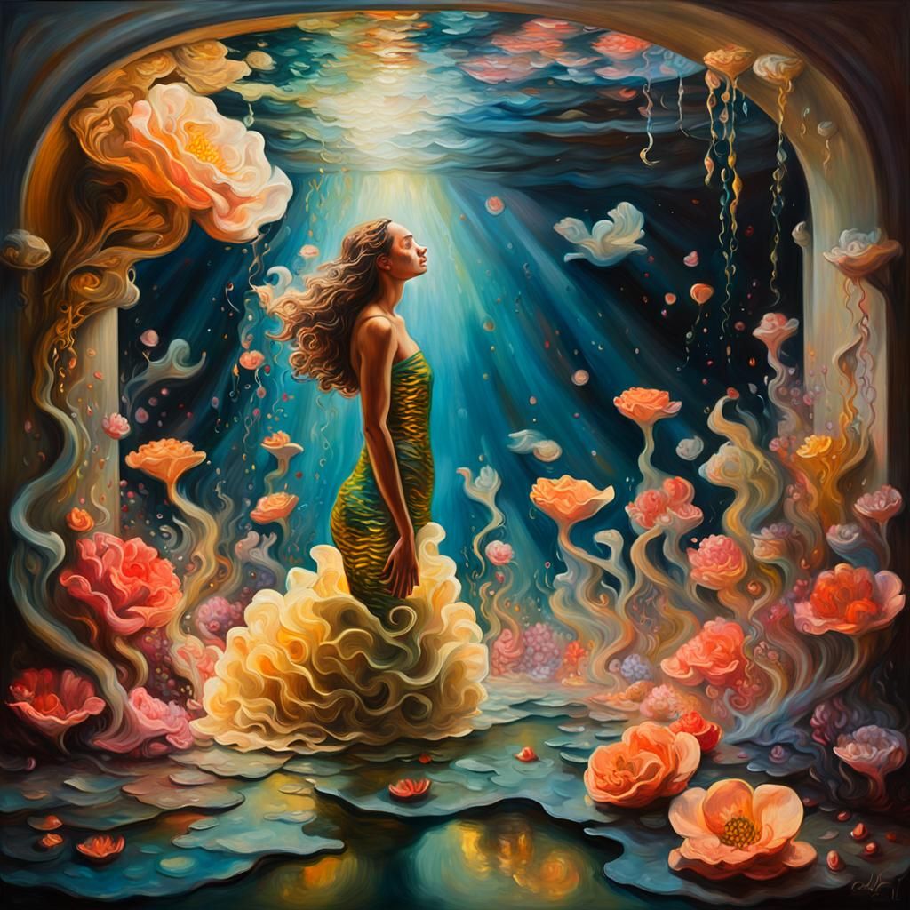 Mermaids in a Distressed Space: A Surreal Oil Painting