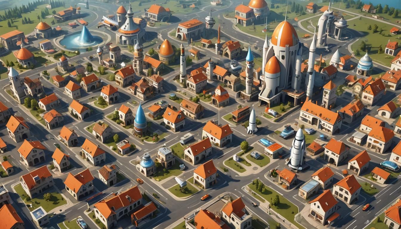 Futuristic Medieval Village with Flying Cars