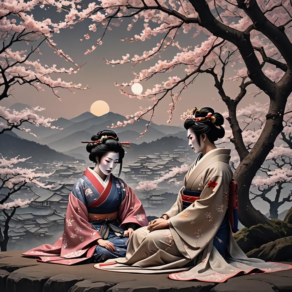 Enigmatic Geisha Silhouette Under Storybook Stars