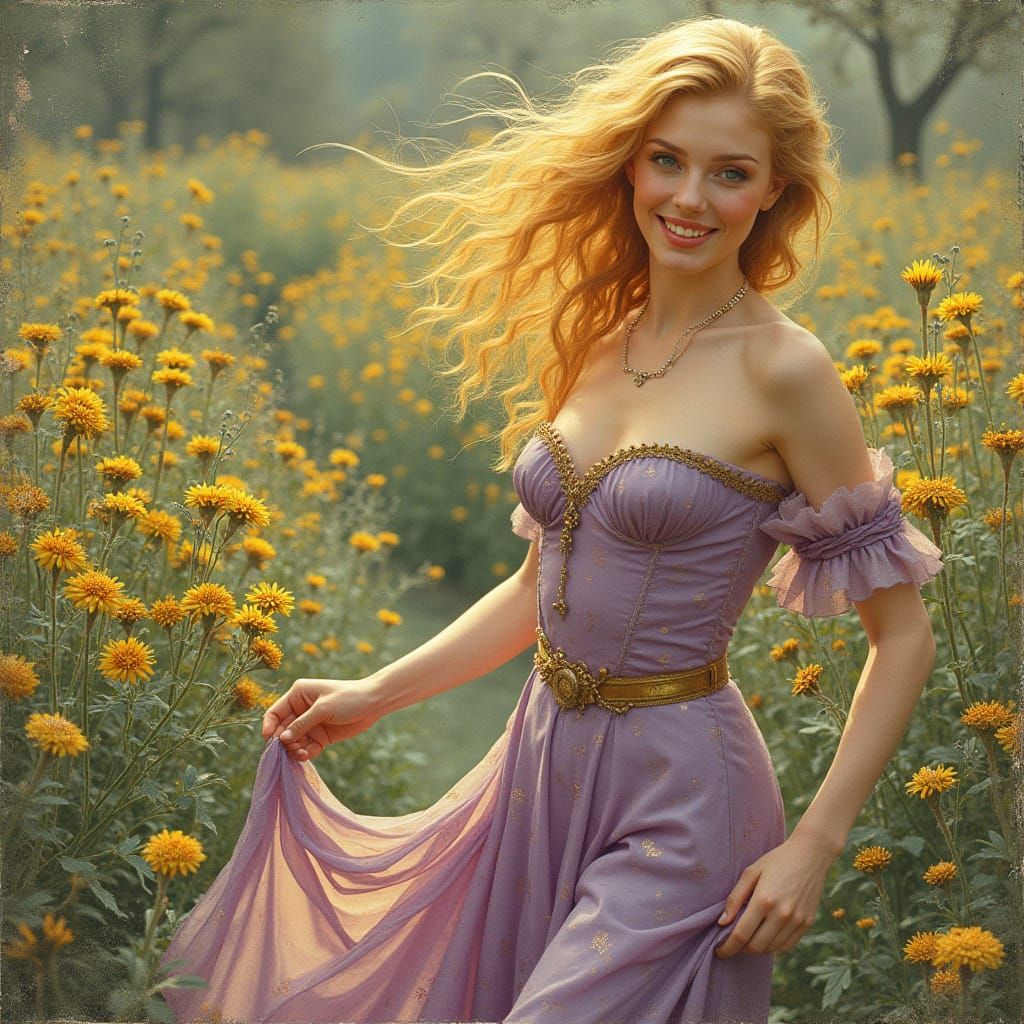 Blonde Woman in Floral Path: Hyperrealistic Art