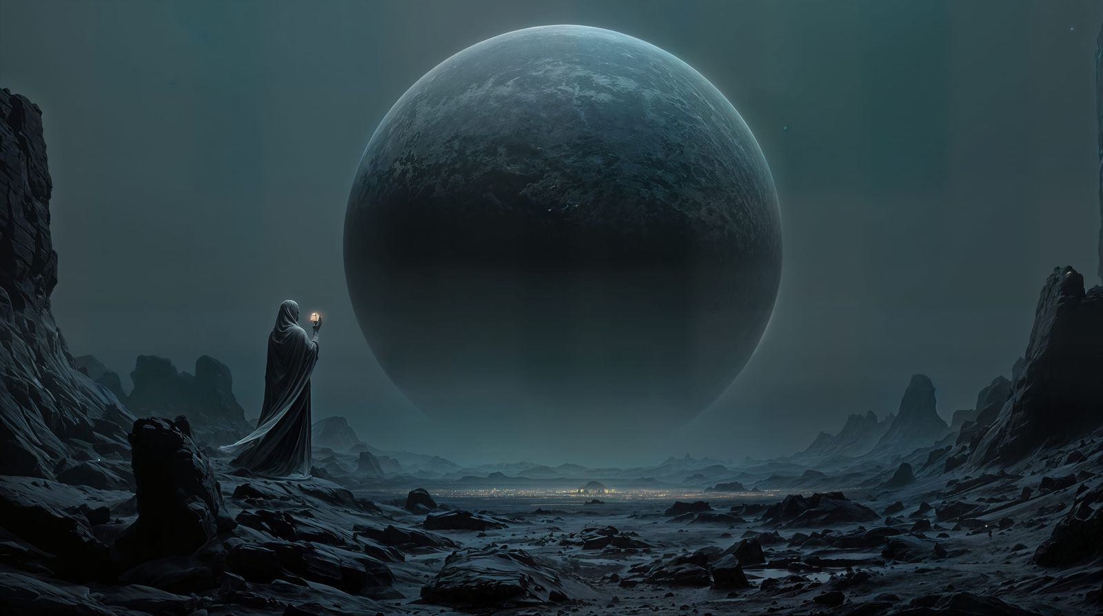 Cosmic Wanderer Contemplates Ancient Monoliths in Muted Alie...