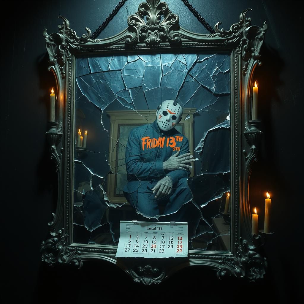 Eerie Room with Shattered Mirror Reflecting Friday 13th