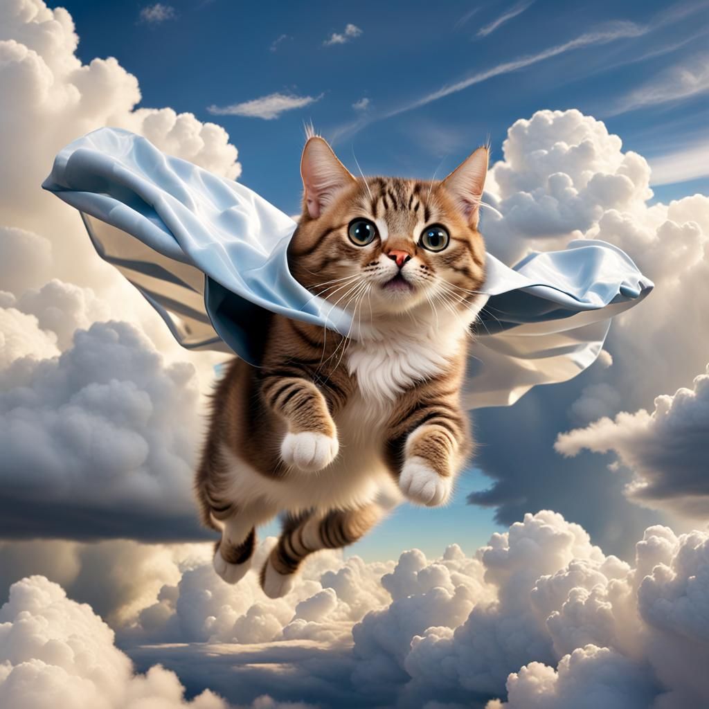 gato volando con capa sobre las nubes