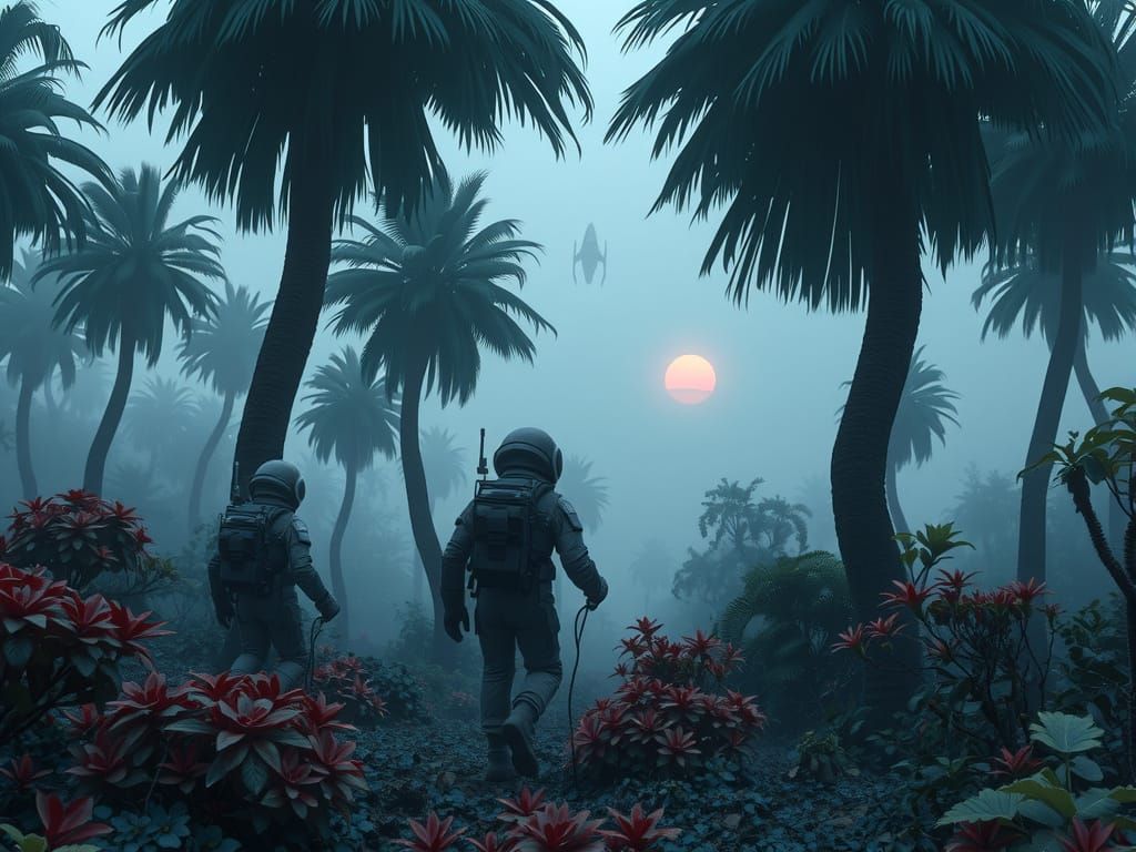 Astronauts Explore Foggy Alien Jungle with Spaceship on Hori...