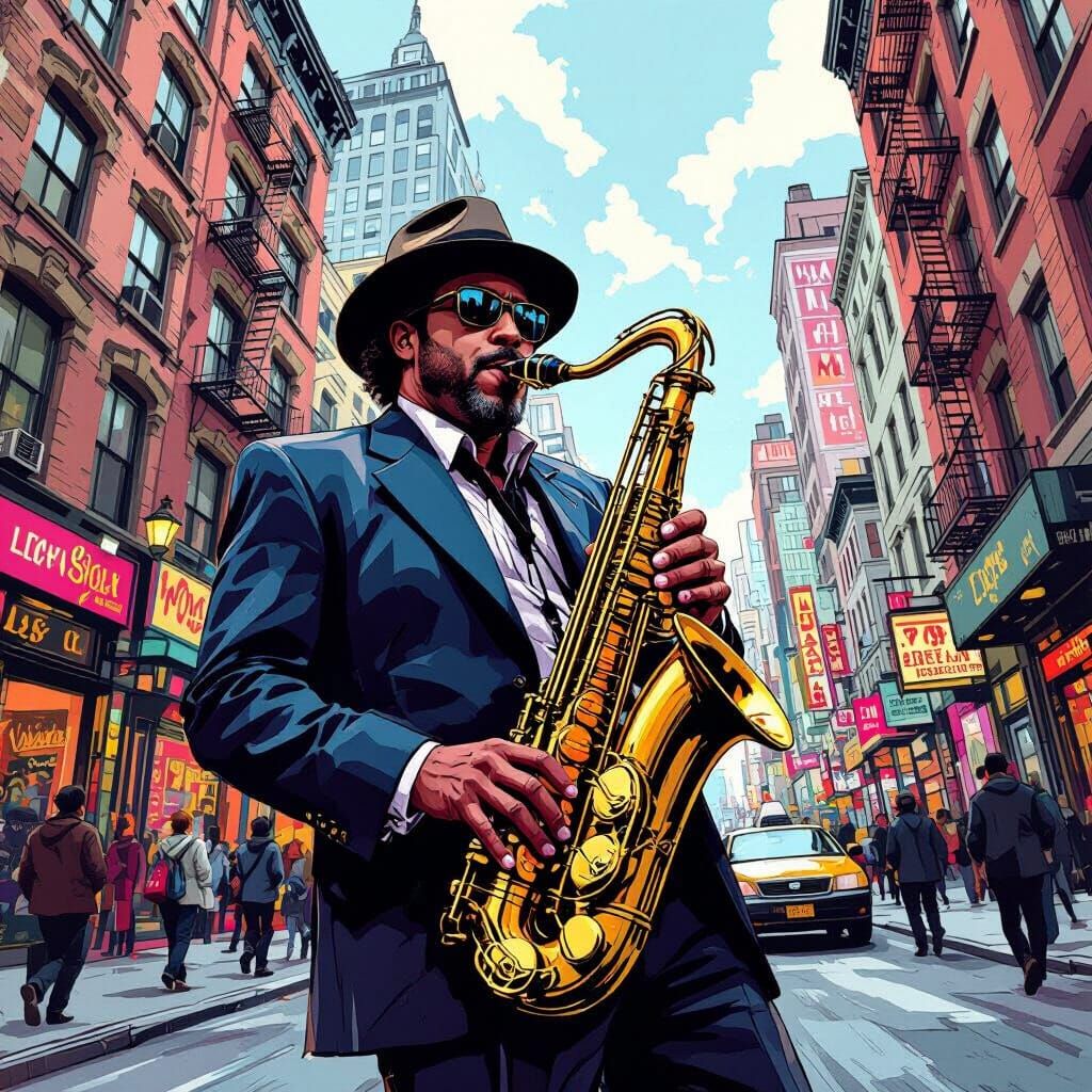 Energetic Jazz Musician in Bustling Metropolis Street Scene