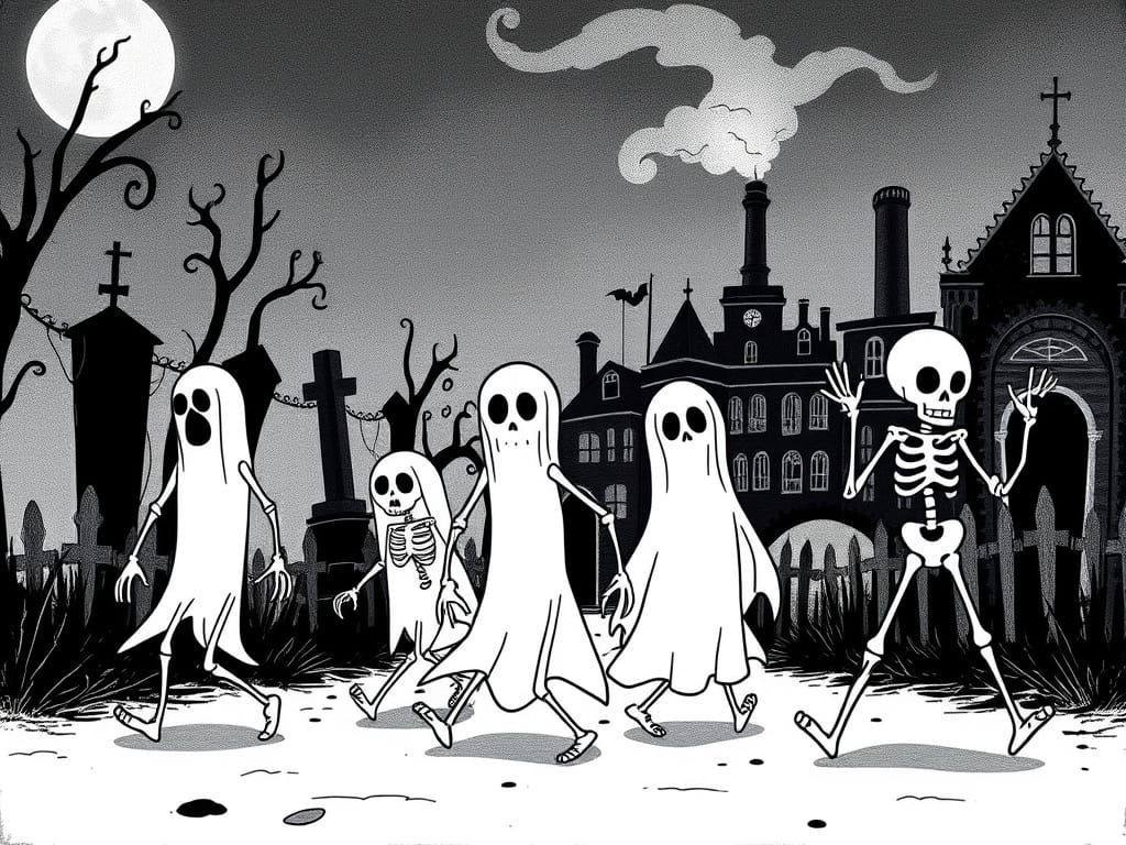 Ghosts and Skeletons in 1920s Cartoon Style