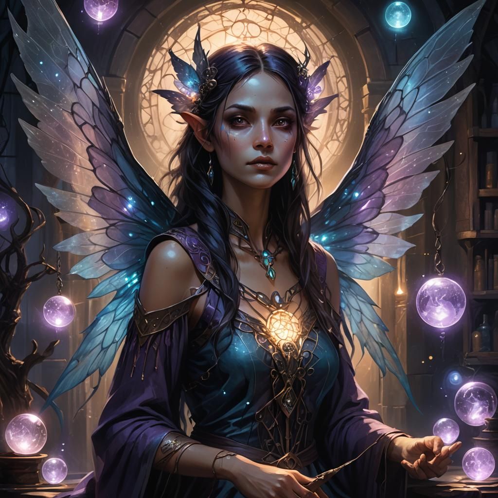Faerie Seer: Dark Fantasy Portrait in Mystical Laboratory