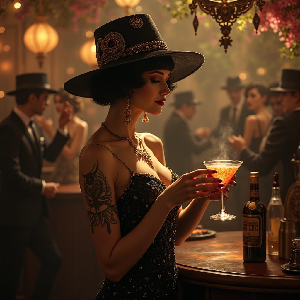 Art Deco Witch in Speakeasy with Cocktail