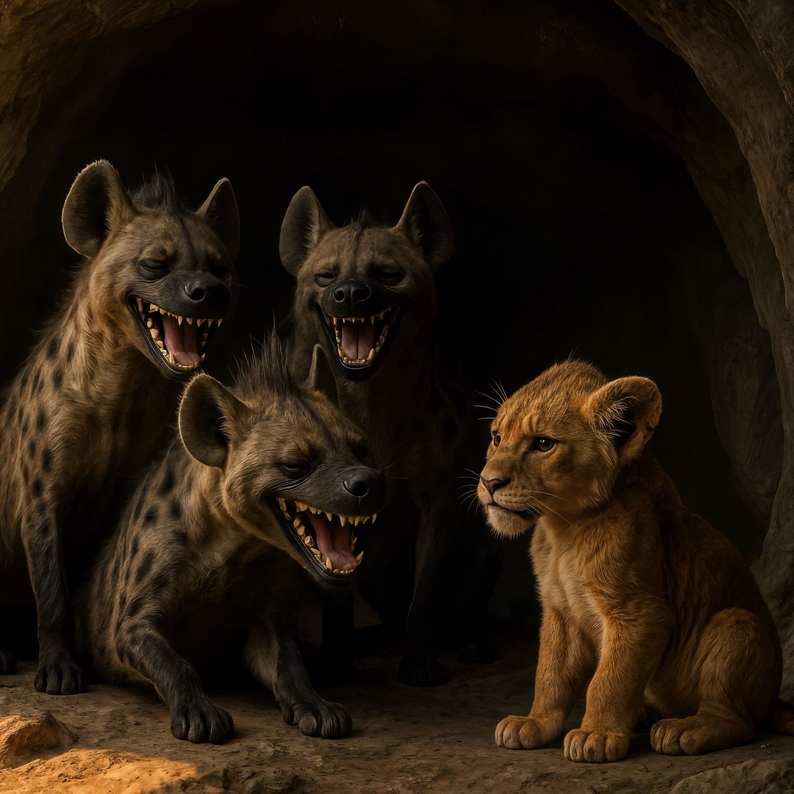 Hyenas Laughing at Simba in Detailed CGI Cave