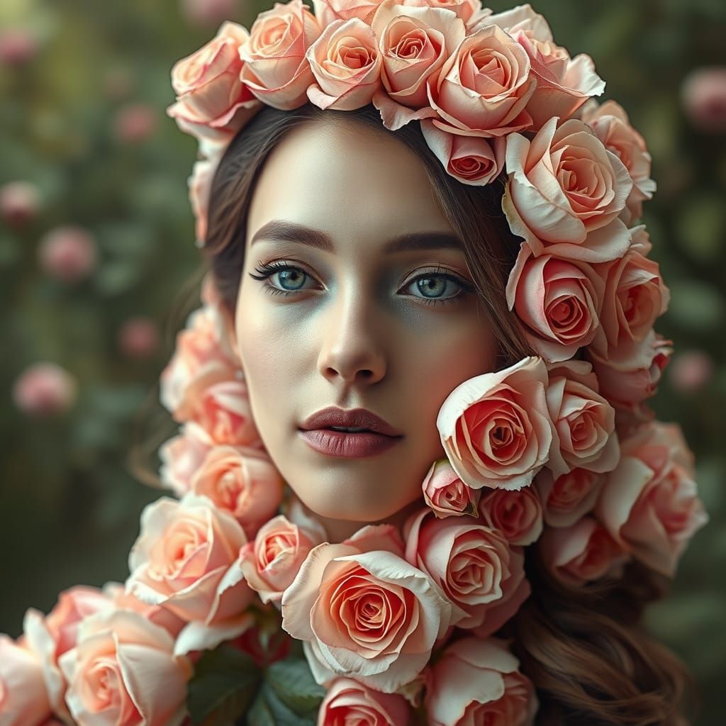 Rose Veil in Hyperrealistic Rose Petal Portrait Style