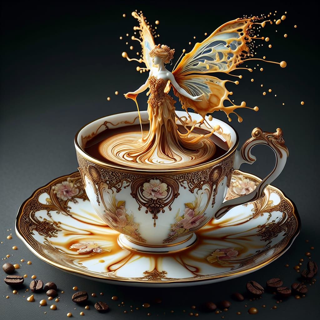 Ethereal Coffee Cup Masterpiece in Art Nouveau Style