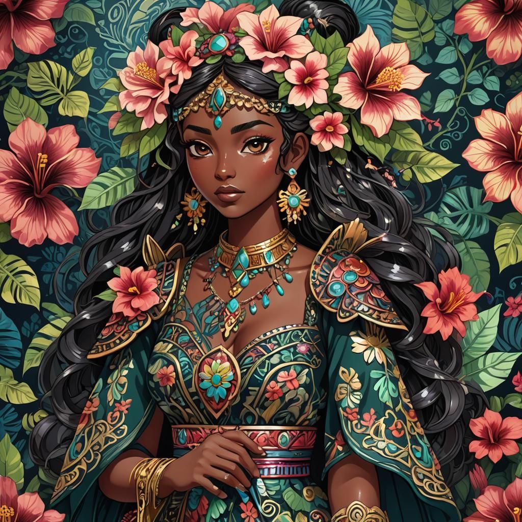 Anime Girl with Obsidian Sword in Mayan Style