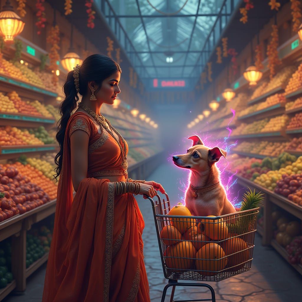 Mystical East Indian Woman in a Fantastical Grocery Store wi...