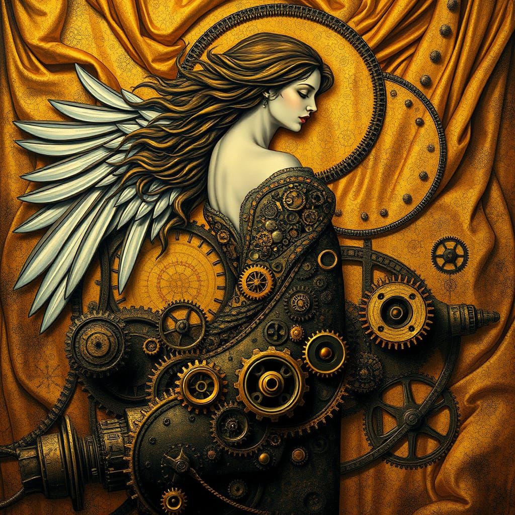 Ethereal Woman Entwined with Mechanical Gears in a Gilded Re...