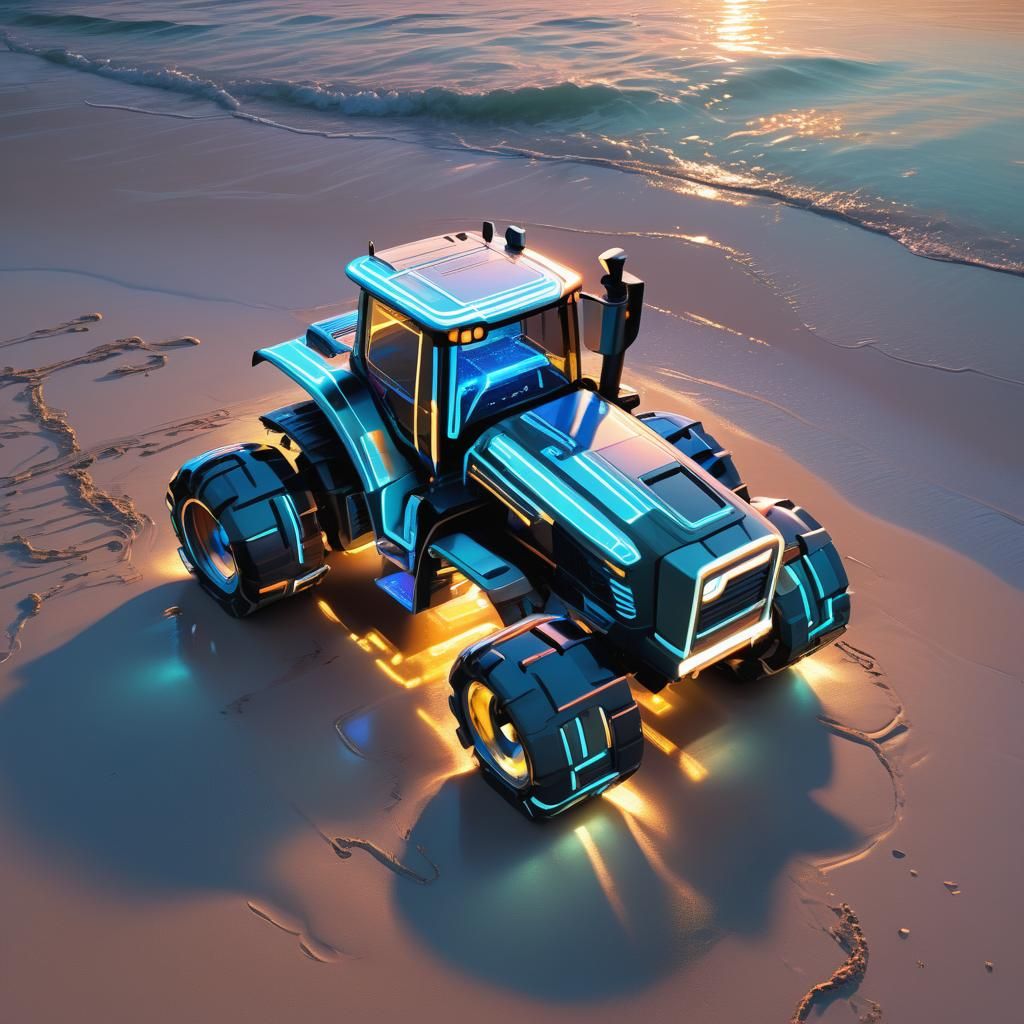 Glowing Hologram Tractor on a Sunset Beach in Cyberpunk Styl...