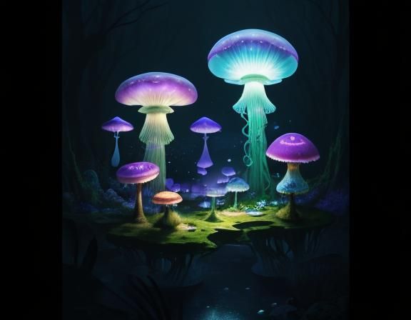 Jellyfish in Toadstool Forest: Beatrix Potter Style