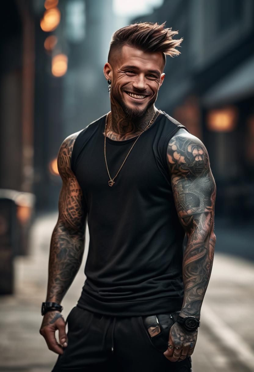 Tattooed Warrior in Sleek Gear: Hyper-Realistic Portrait