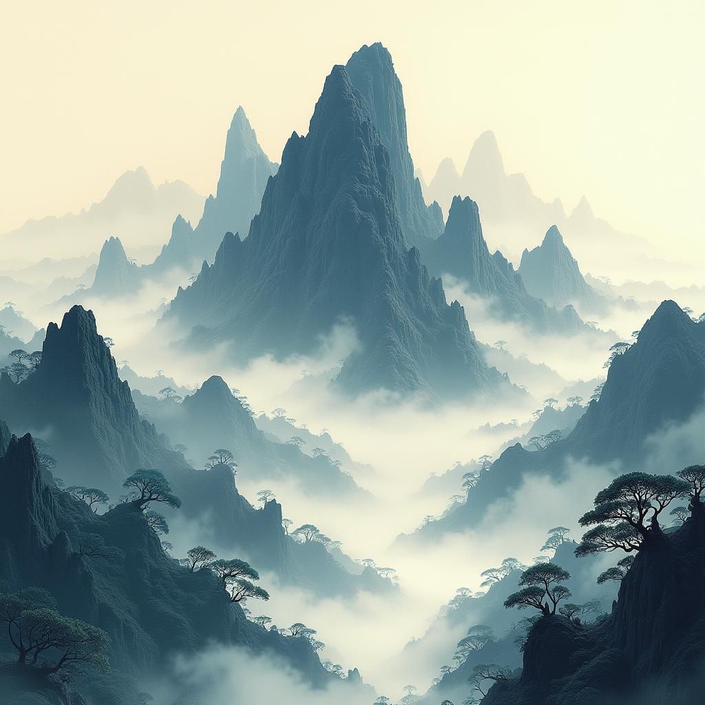 Ink Painting of a Majestic Mountain in Clouds