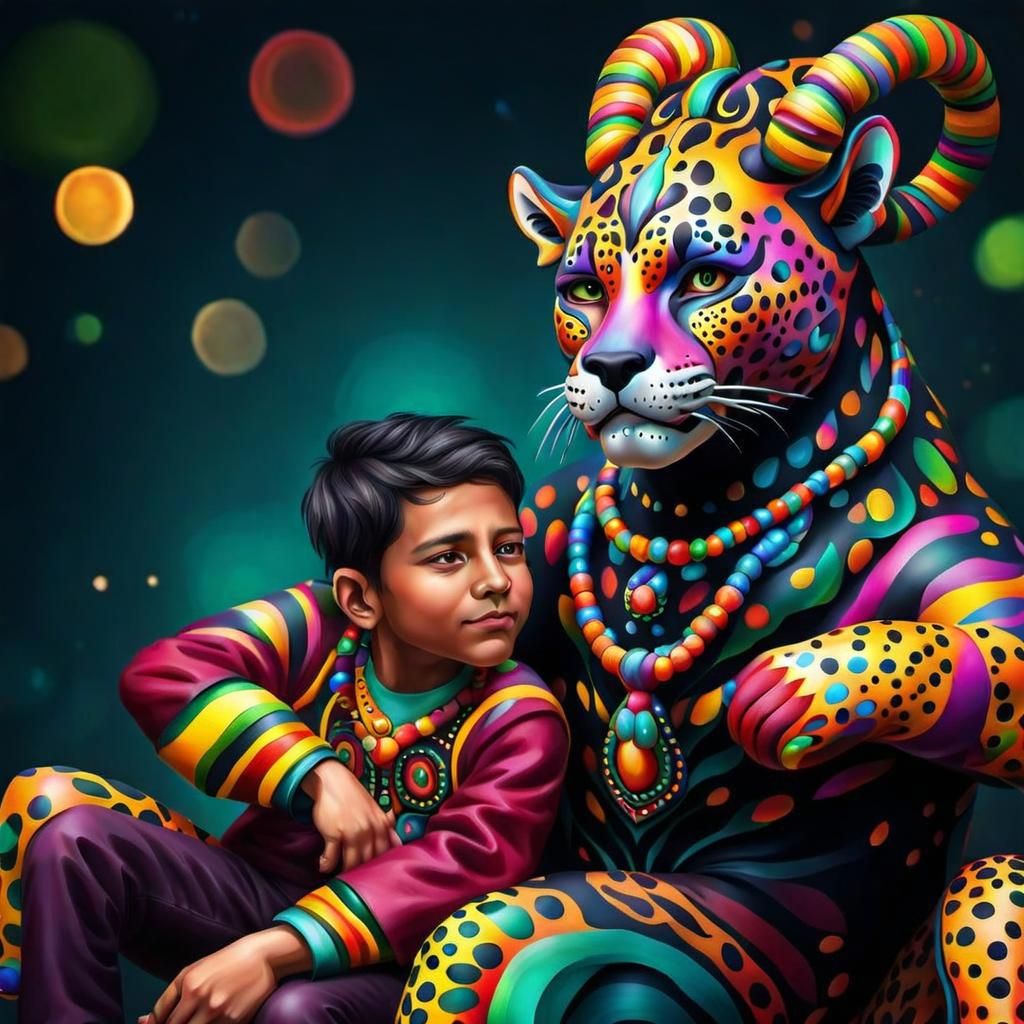 Colorful Jaguar Alebrije with Young Boy, Splash Art
