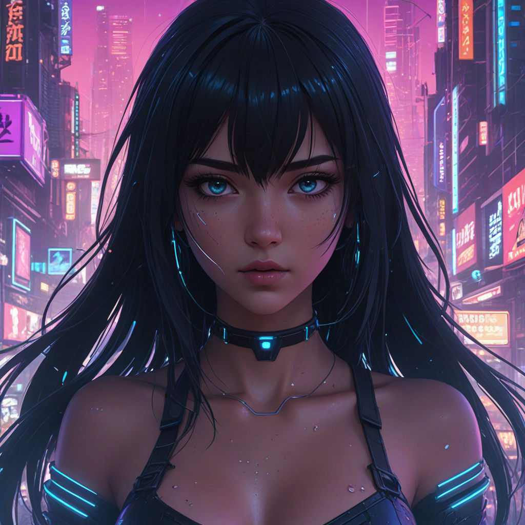 Neon Goddess of Cyberpunk Metropolis
