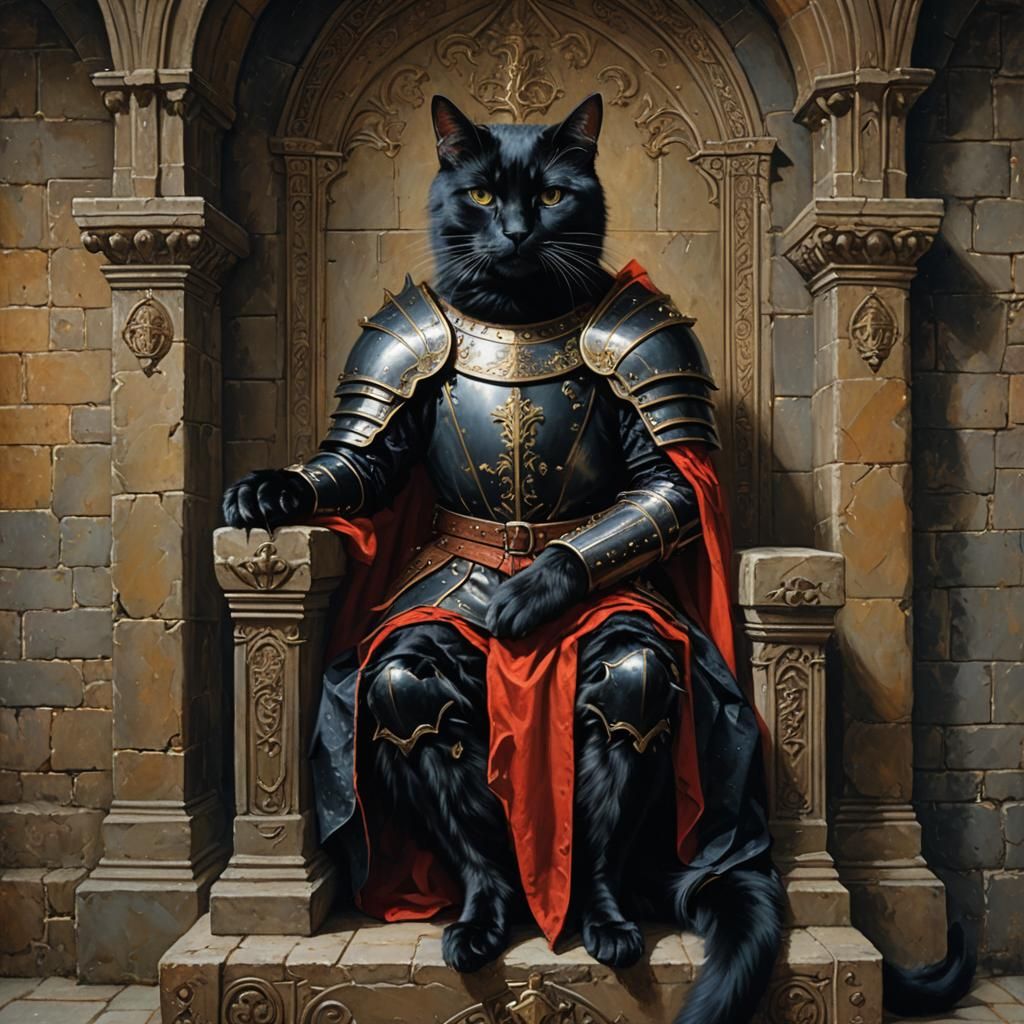 Regal Black Cat on Throne in Knight Armor