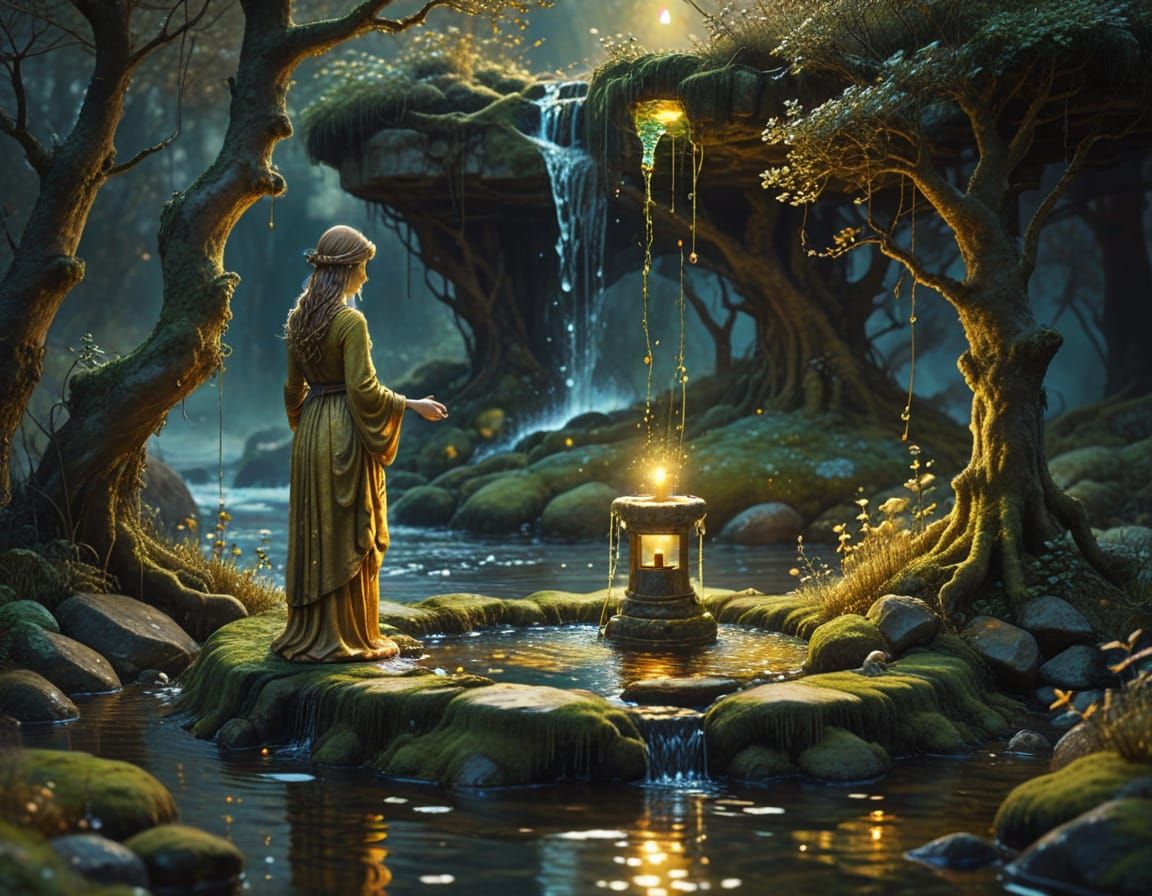 Fantasy Well with Figure in Watercolor Style