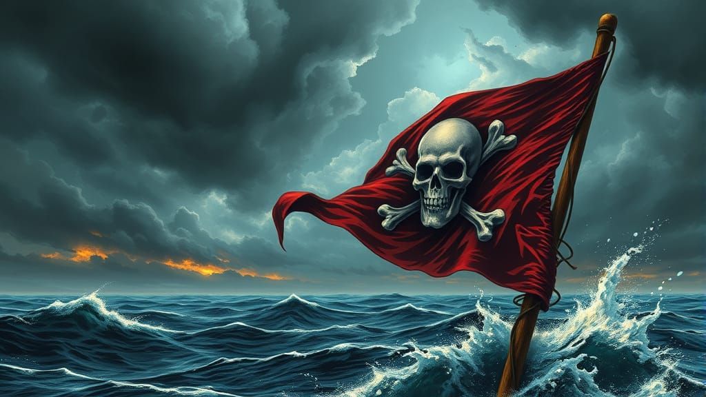 Menacing Pirate Flag Waves Above Stormy Seas