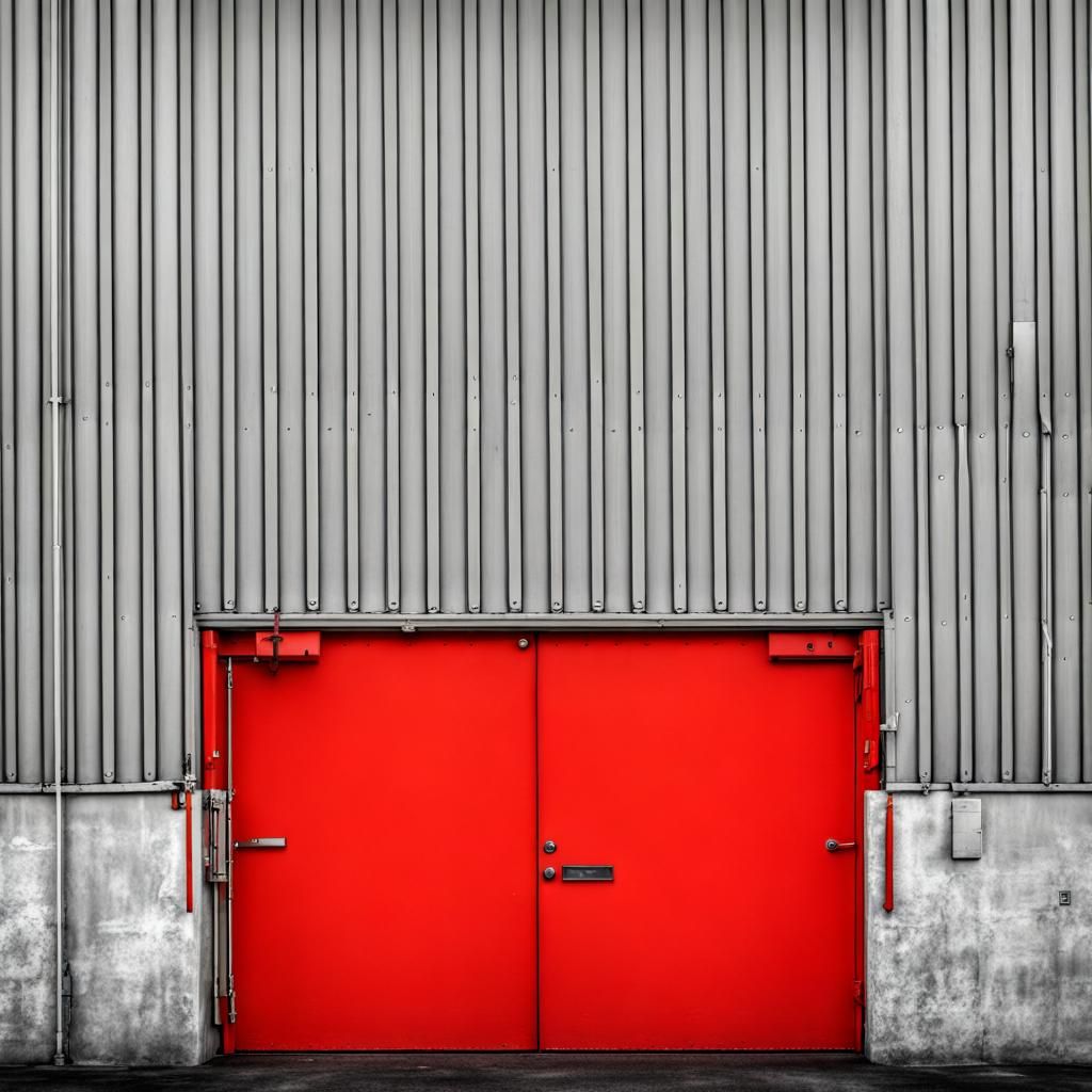 Industrial Warehouse with Red Door: Hyperrealistic HDR Photo