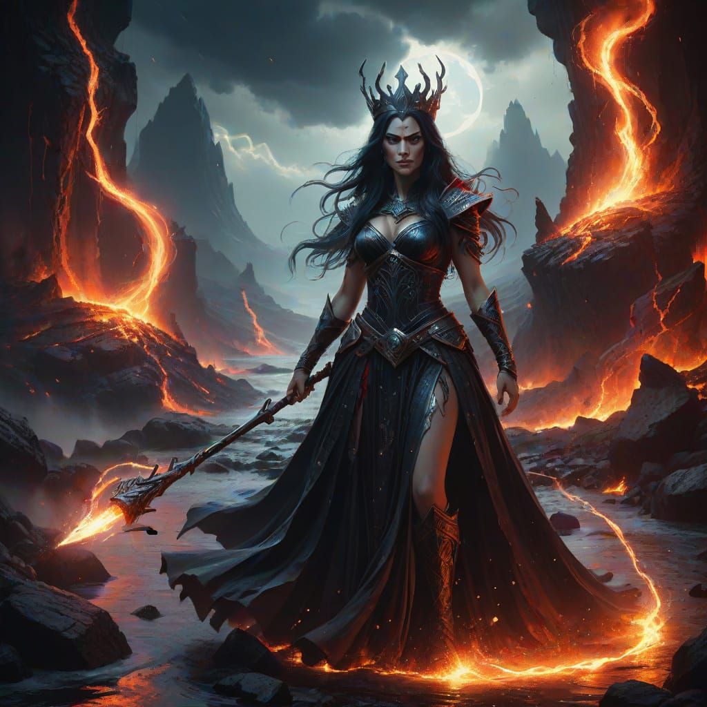 Powerful Sorceress Casting Spell Over Lava River