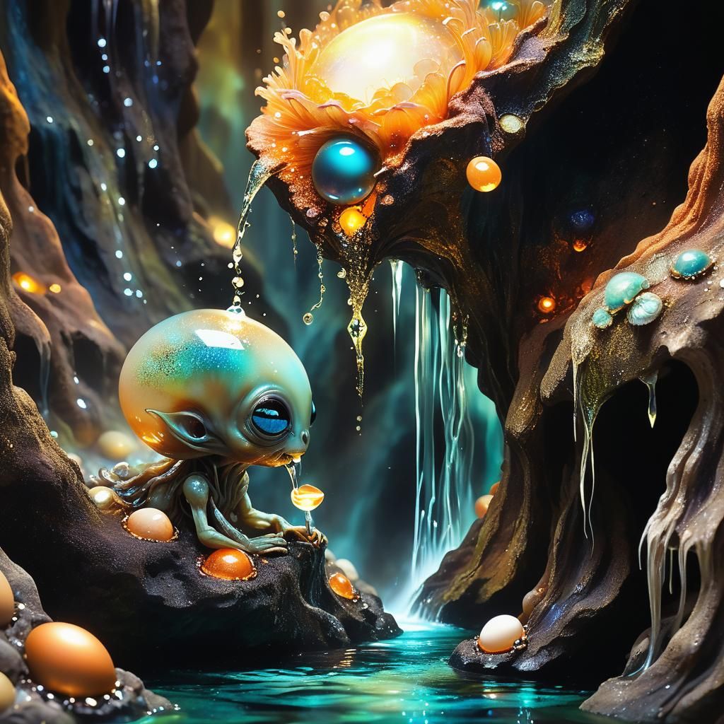 Baby Alien Sipping Nectar in Surreal Grotto
