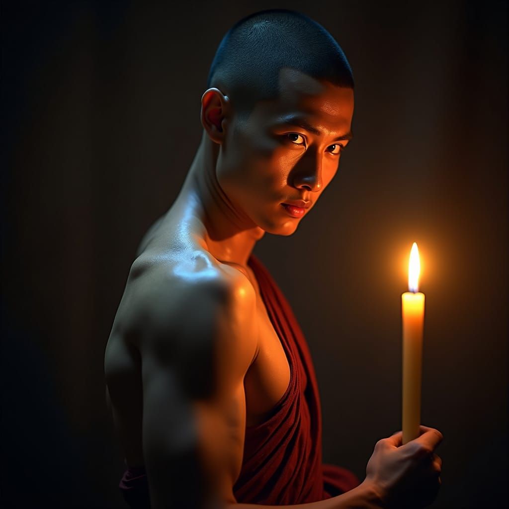 Thai Monk's Intense Gaze in Moody Lighting