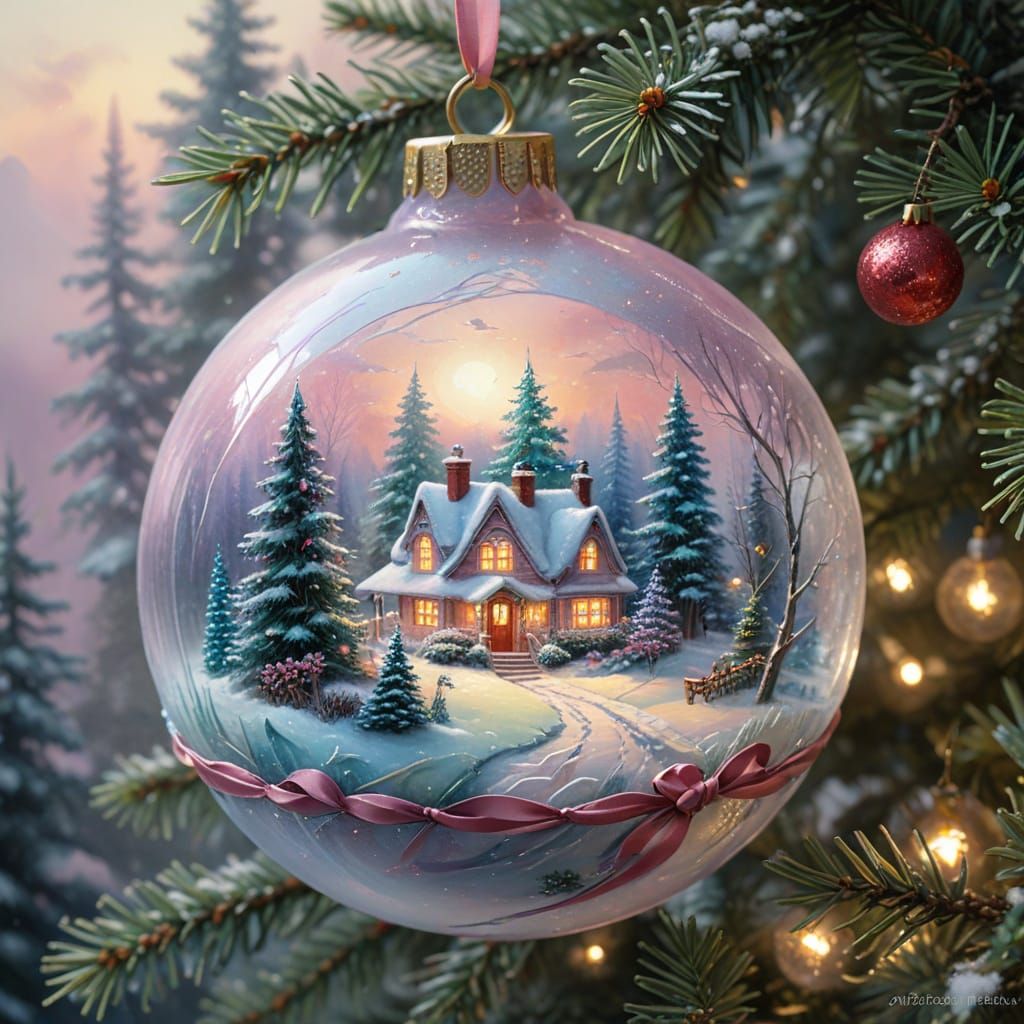 Glass Ornament with Kinkade Christmas Scene - Gouache & Wate...