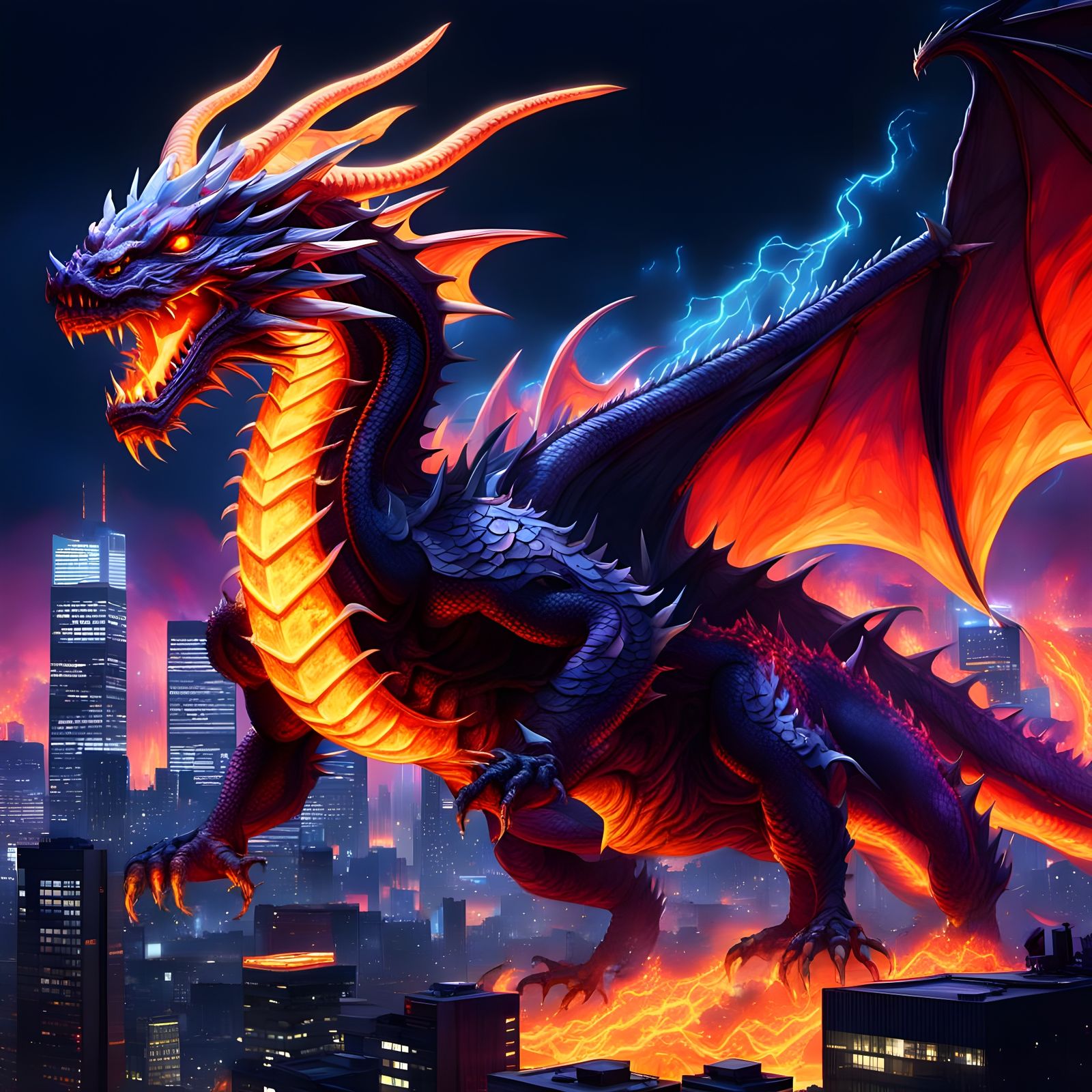 Flaming Dragon Over Tokyo: Fantasy Concept Art