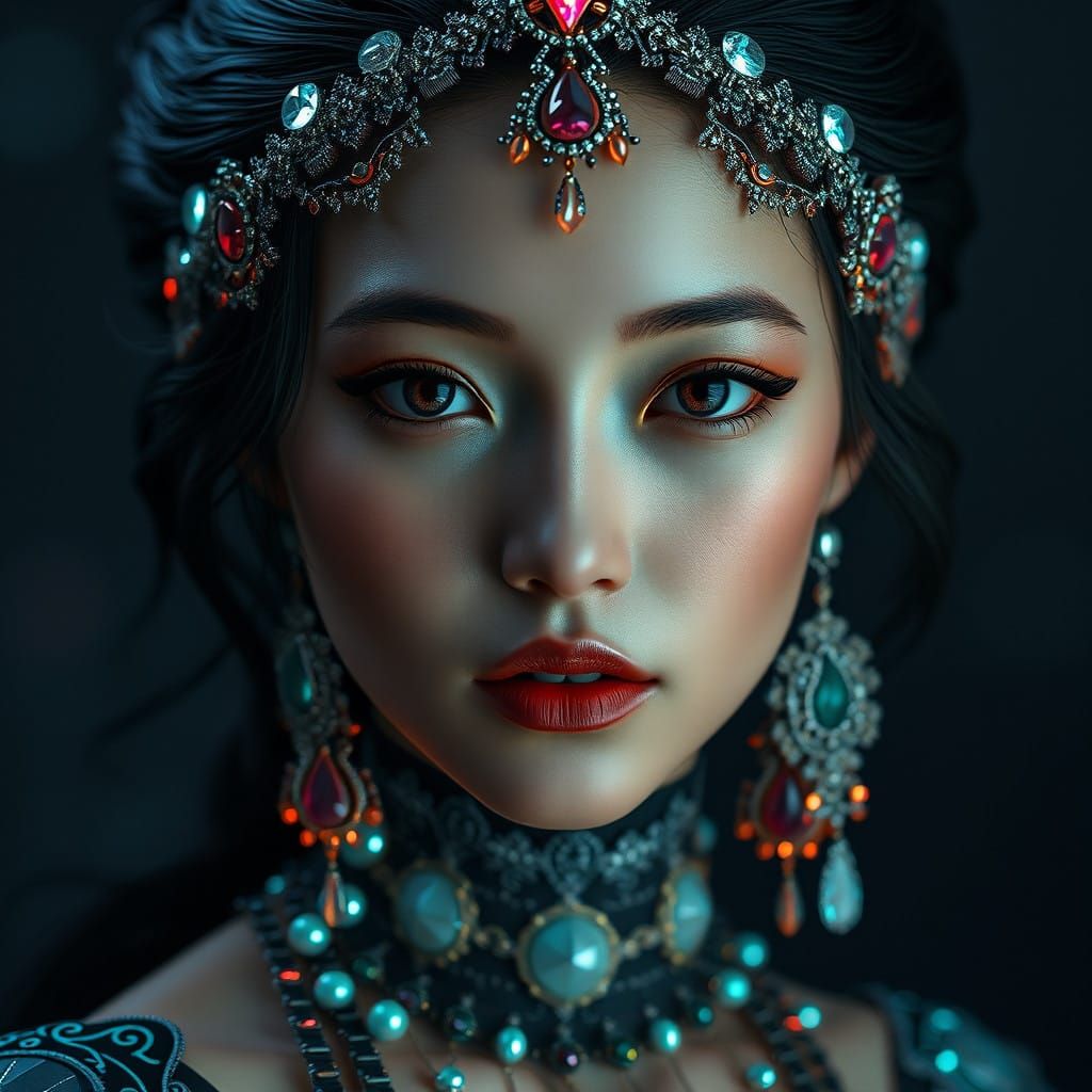 Ethereal Goddess of the Night: Elegant Portrait in Dark Mood