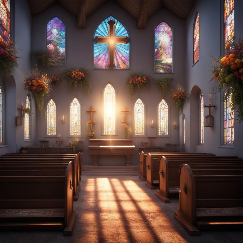 Sunlit Church Interior: Detailed Matte Painting
