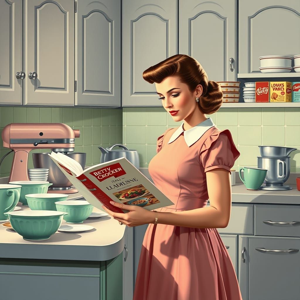 Retro Homemaker in 1950s Kitchen Consulting Vintage Cookbook