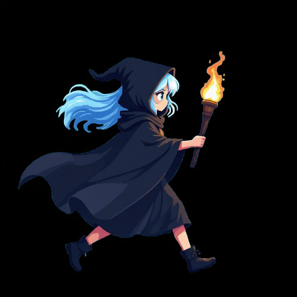 Girl with Torch: Pixel Art in Black Cloak