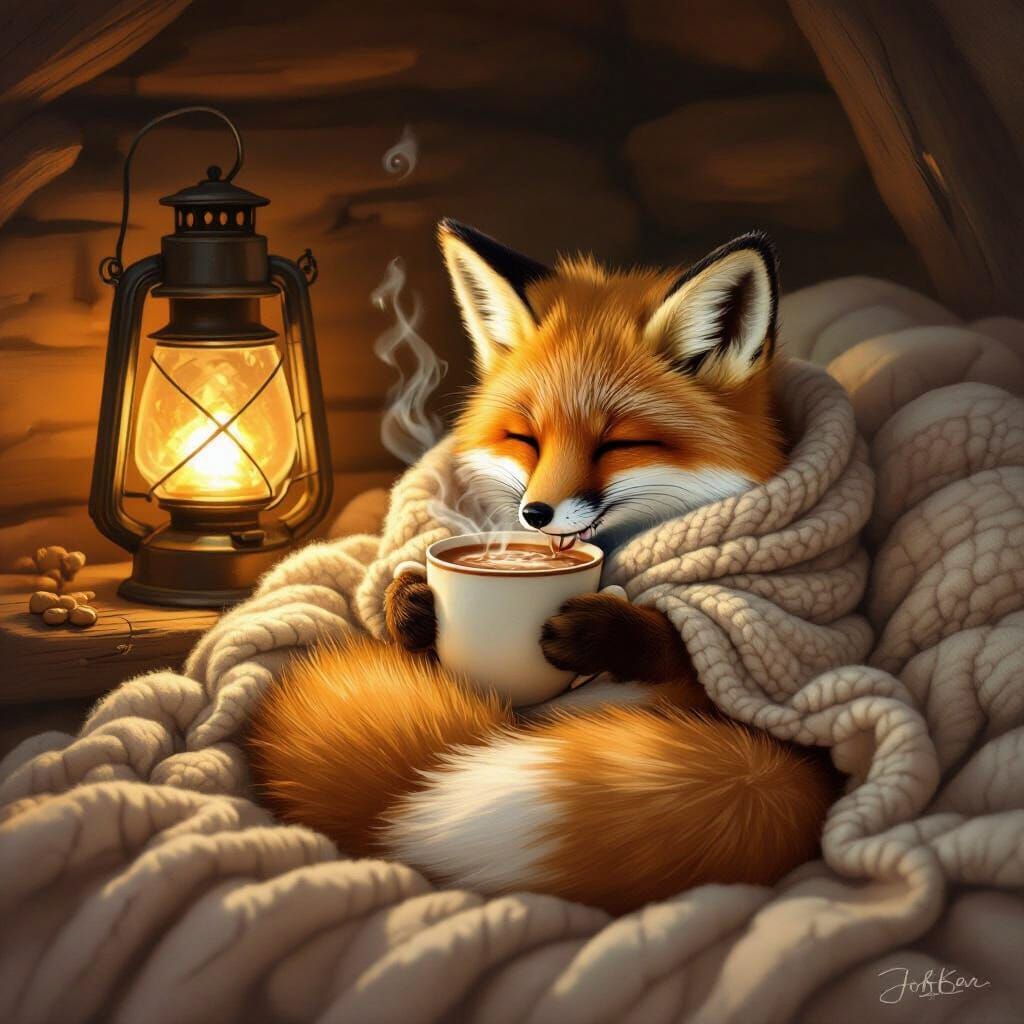 Cozy Fox Sipping Cocoa by Lantern Light