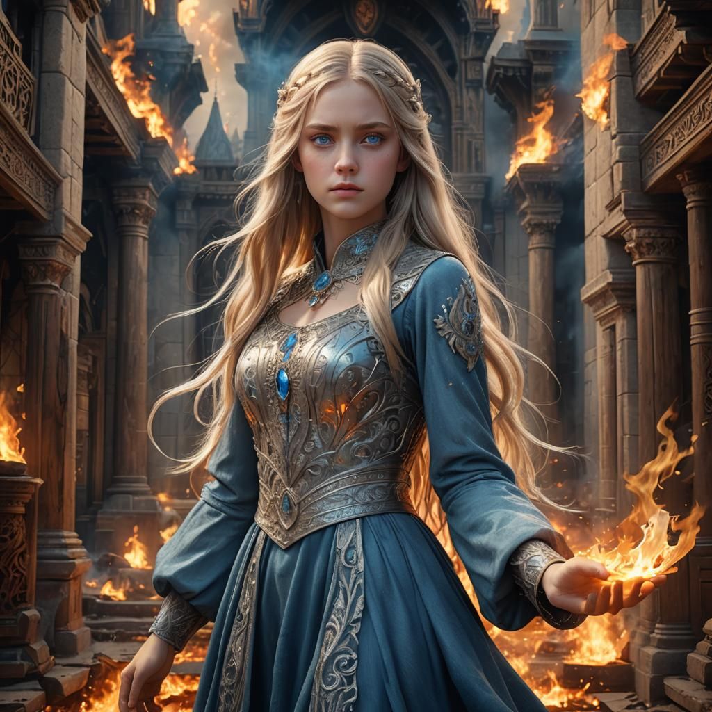 Girl with Fire Power in Burning Palace: Fantasy Art