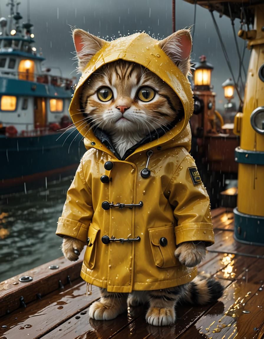 Chibi Cat in Yellow Coat on Trawler Deck in Storm