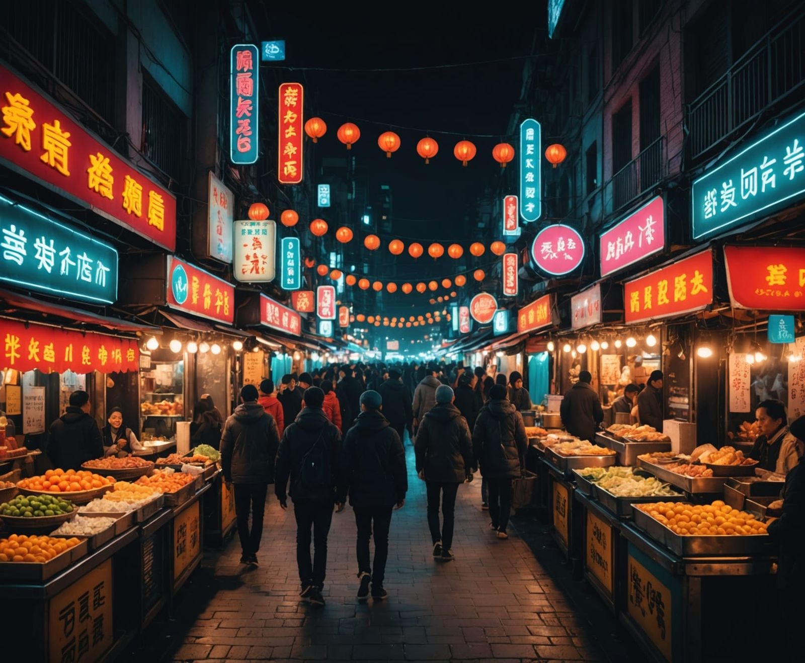Vibrant Night Market Scene in Neon Color