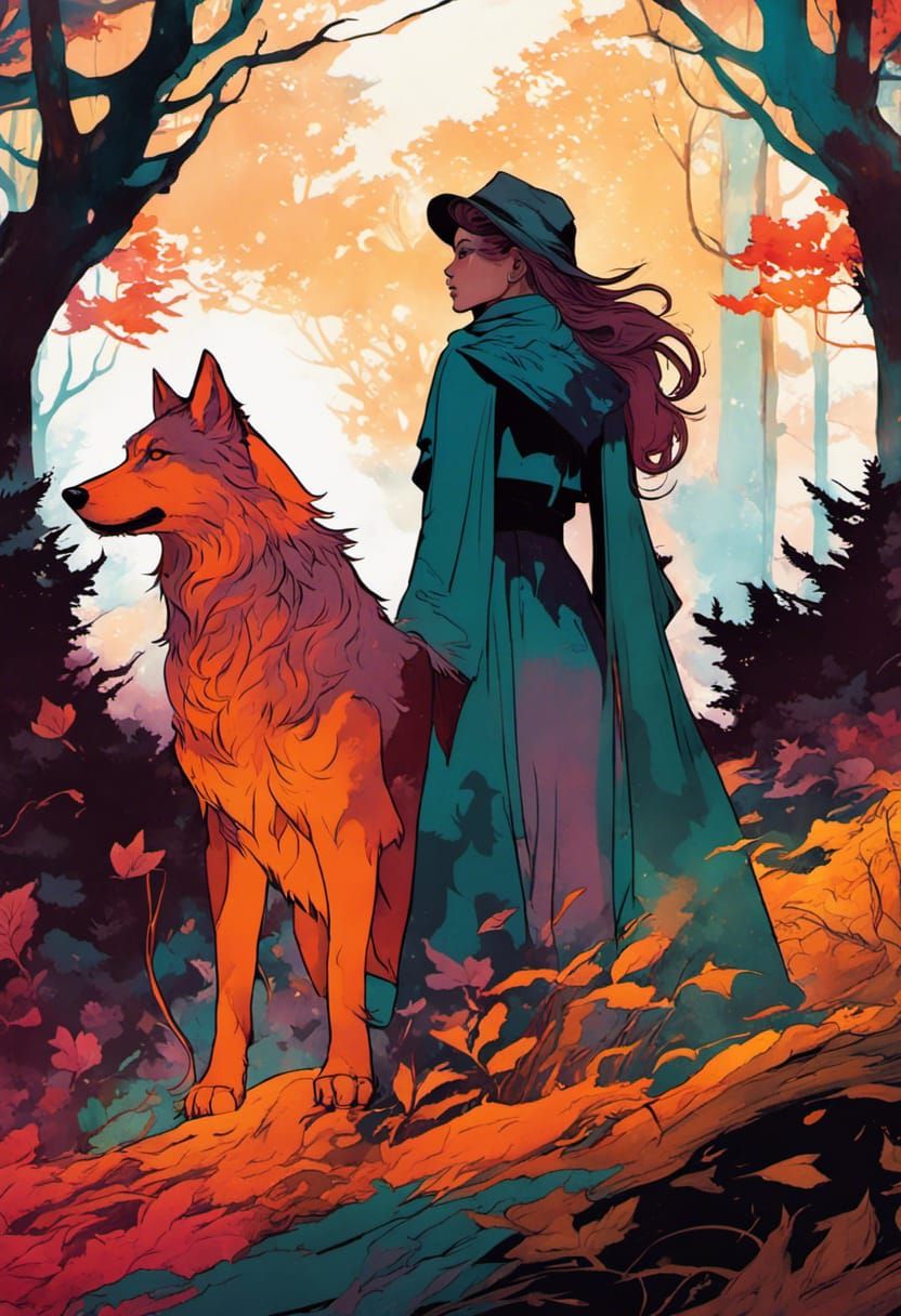 College Witch and Dire Wolf Art Nouveau Illustration